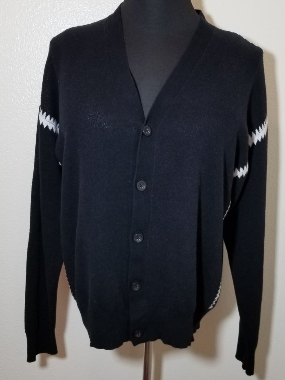 Stylus Womens Large Black White Trim Cardigan Retro Academia Granny Old Money